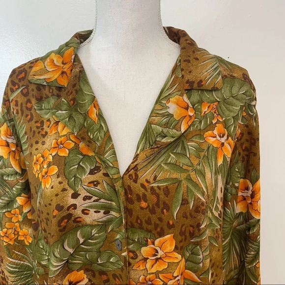 Vintage Blouse Top Woman 1X Floral Leaf Print 3/4 Sleeve Button Front Office - Picture 2 of 11